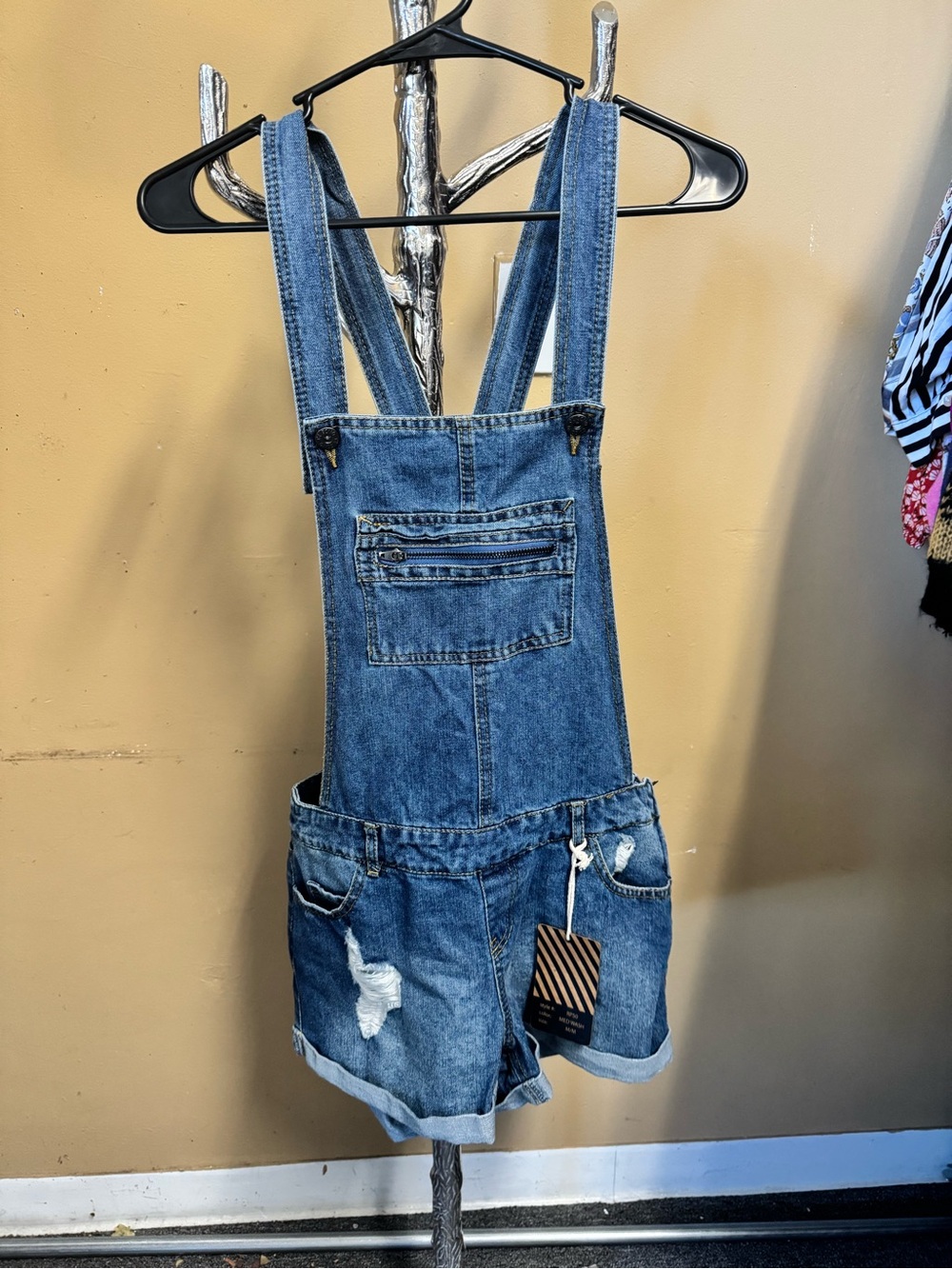 Ci Sono Blue Denim Short Overalls with Distressed Detail